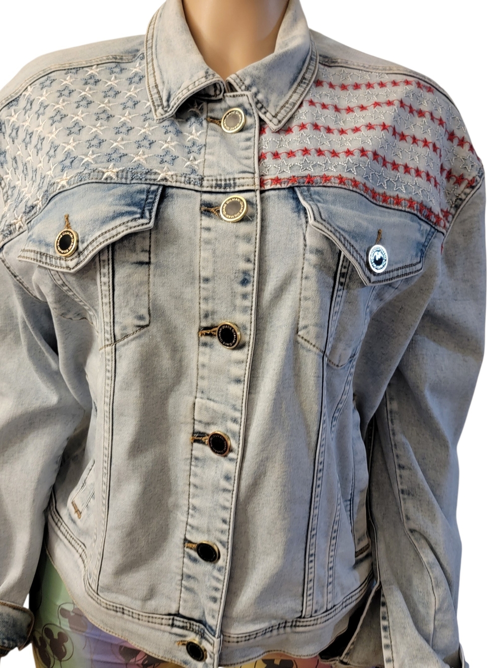 Diane Gilman Light Wash Denim Jacket with Red & White Star Embroidery